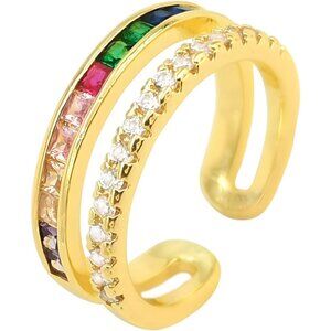 Adjustable 18k Gold Plated CZ Leaf Open Ring Dainty Jewelry for Women Teen Girls